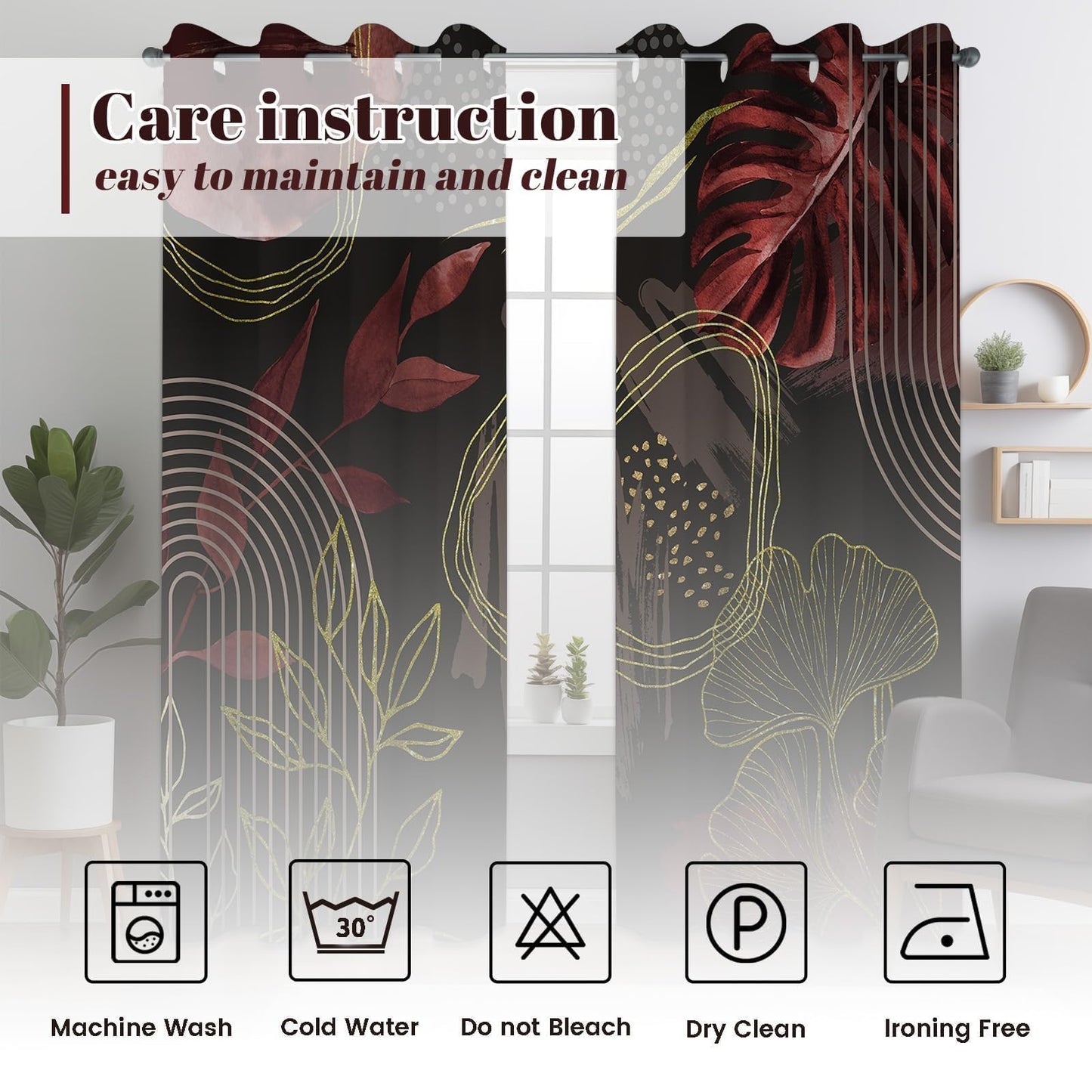 soeeao Boho Dark Brown and Gold Leaf Blackout Curtains, Bohemian Mid Century Modern Chocolate Brown Palm Window Drapes for Bedroom Living Room, 63 inch Length 2 Panels Set, 52x63 inch