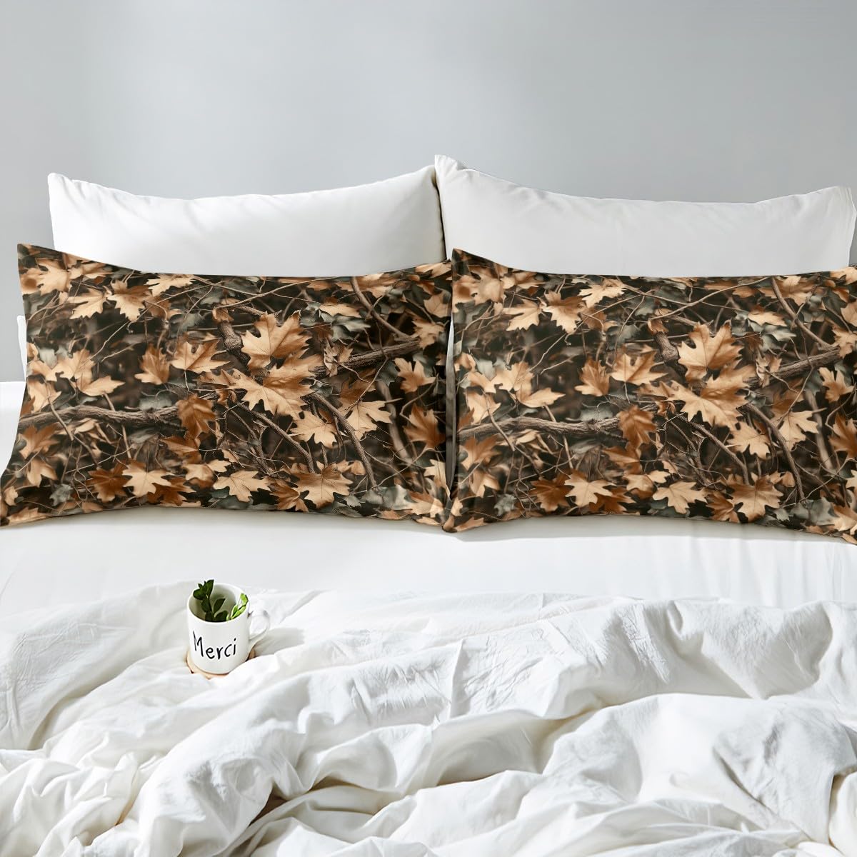 Camoflage Kids Fitted Sheet Twin Size,Jungle Woods Fall Leaves Rustic Nature Bedding Set,Boys Girls Room Decor,Hunter Cabin Adventure Camo Bed Cover,Brown Bed Sheet,1 Pillowcase(No Top Sheet)
