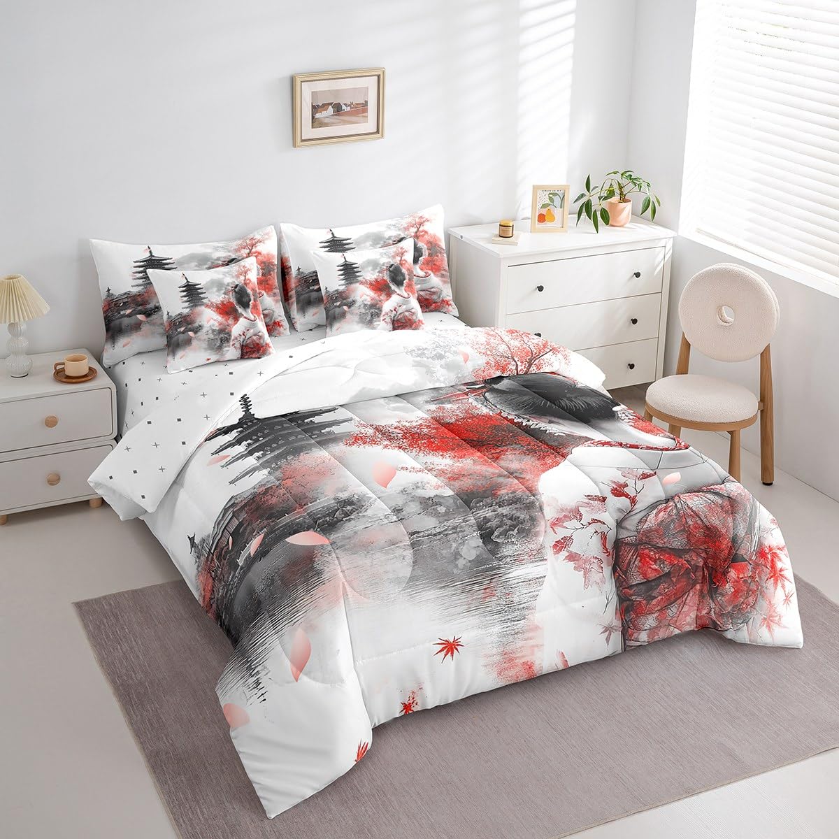 Feelyou Japanese Geisha Comforter Set Twin 7 Pcs Cherry Blossoms Maple Leaf Lake Bedding Set Japanese Style Traditional Architecture Bed in a Bag with Comforter, Sheets, Pillowcases & Cushion Cover