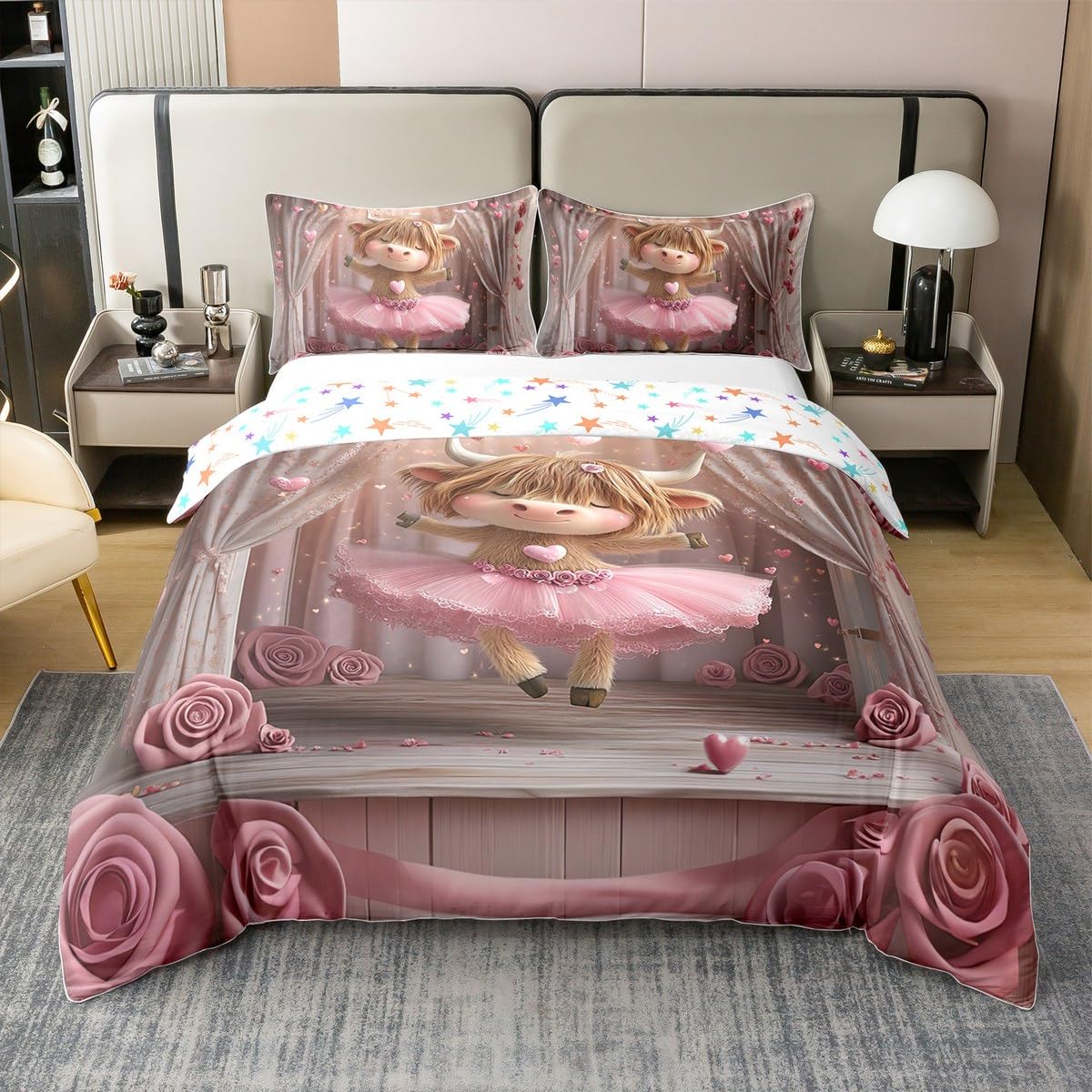 Manfei Cute Cattle 100% Cotton Duvet Cover Set Twin Size, Kawaii Ballet Dancer Bedding Set 2pcs, Pink Flower Heart Print Quilt Cover, Kids Girls Teen Room Decor, 1 Pillowcase,No Comforter