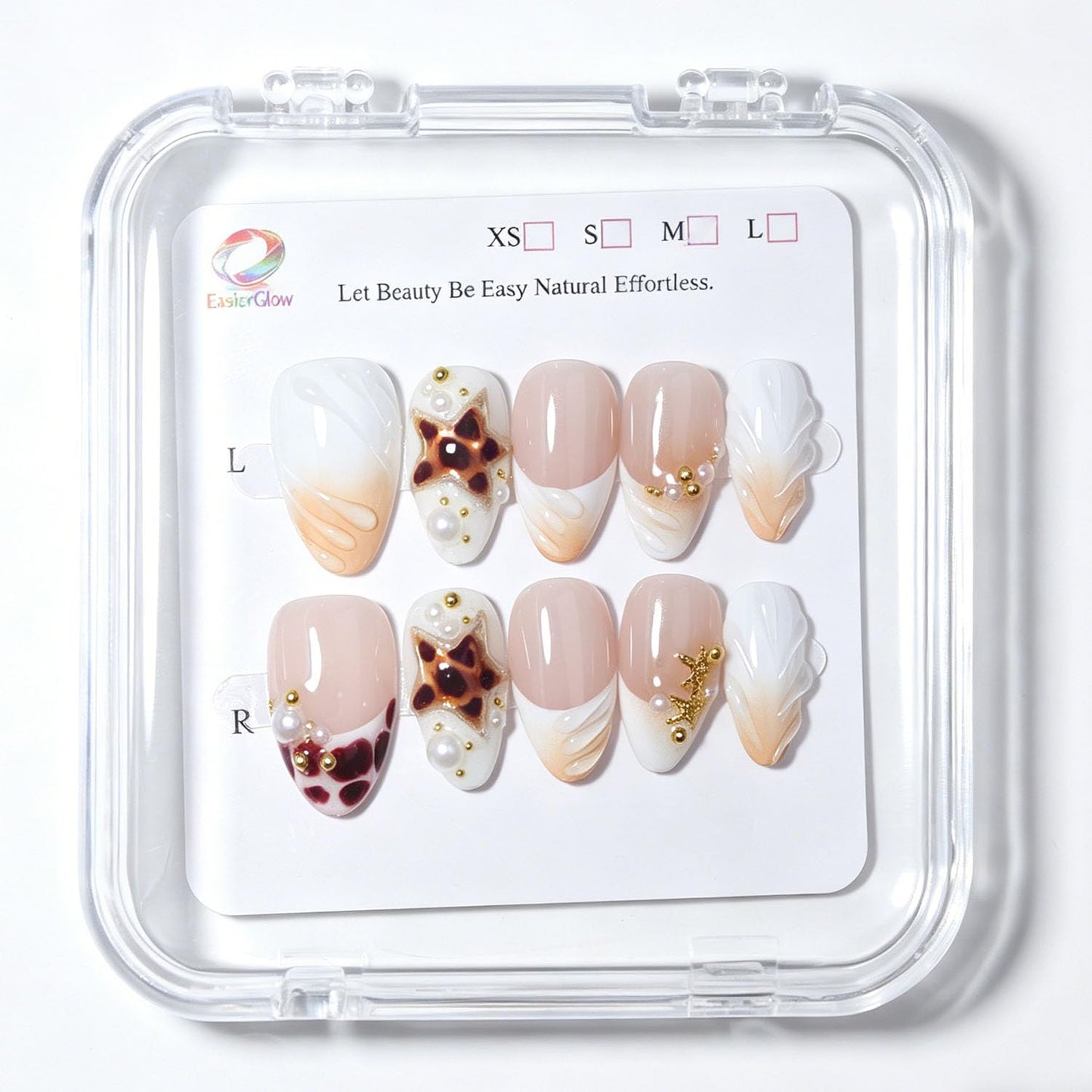 EasierGlow 10 Pcs Handmade Short Almond Press On Nails - Easy Apply & Remove, Reusable & Salon Quality | Nude Gradient Press Ons with 3D Star, Pearl & Swirl Sculpted Accents(UO05, S)