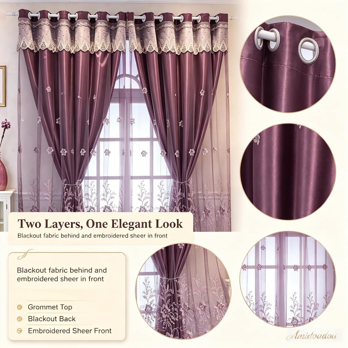 Amidoudou 1 Pair European Double Layer Curtains for Living Room Bedroom Luxury Flower Embroidered Curtains with Valance (Purple,54x90 Inch)