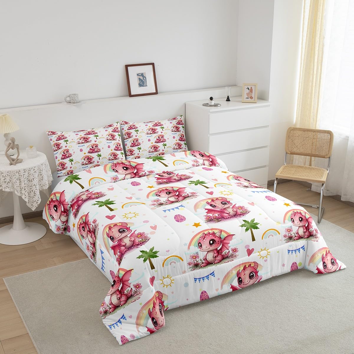 Girly Pink Dragon Bedding Comforter Sets Toddler,Cute Dragon Rainbow Cartoon Eggs Bedding Set for Bedroom Decoration,Rustic Coconut Tree Pink Hearts with 1 Comforter and 1 Pillow Case Bedroom Decor