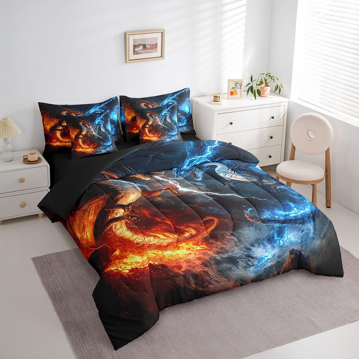 Feelyou Dragon Comforter Set with Sheets Twin Size Dragon Stuff Bed in a Bag for Boys Girls Teens Wild Life 7 Pieces Bedding Set Thunder and Lightning Bed Set Room Decor Blue Orange