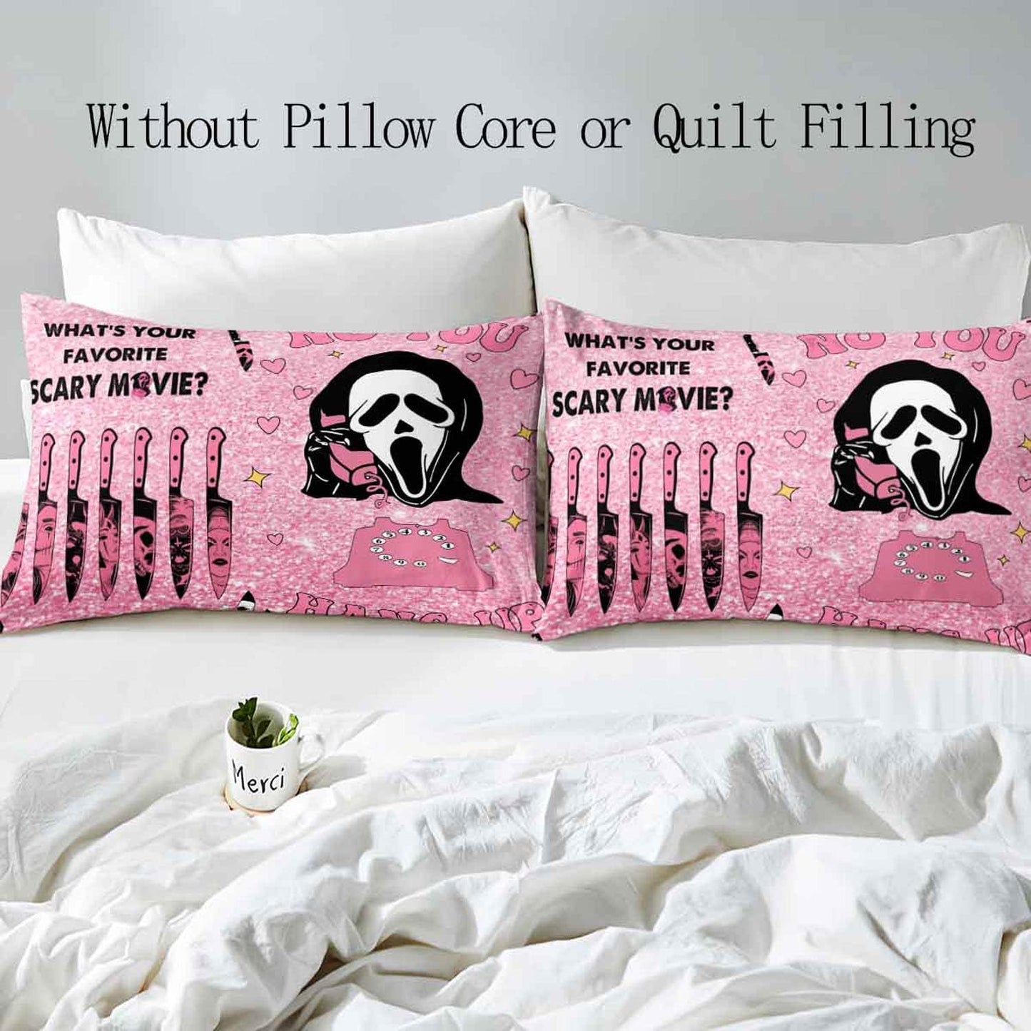 LUVIVIHOME 3PCS Funny Ghost Duvet Cover Queen Bedding Sets, Kids Teen Girls Bedding, Pink Duvet Cover, Gothic Spooky Scary Horror Scream Knife Skull Face Pink Halloween Comforter Cover, 2 Pillow Cases