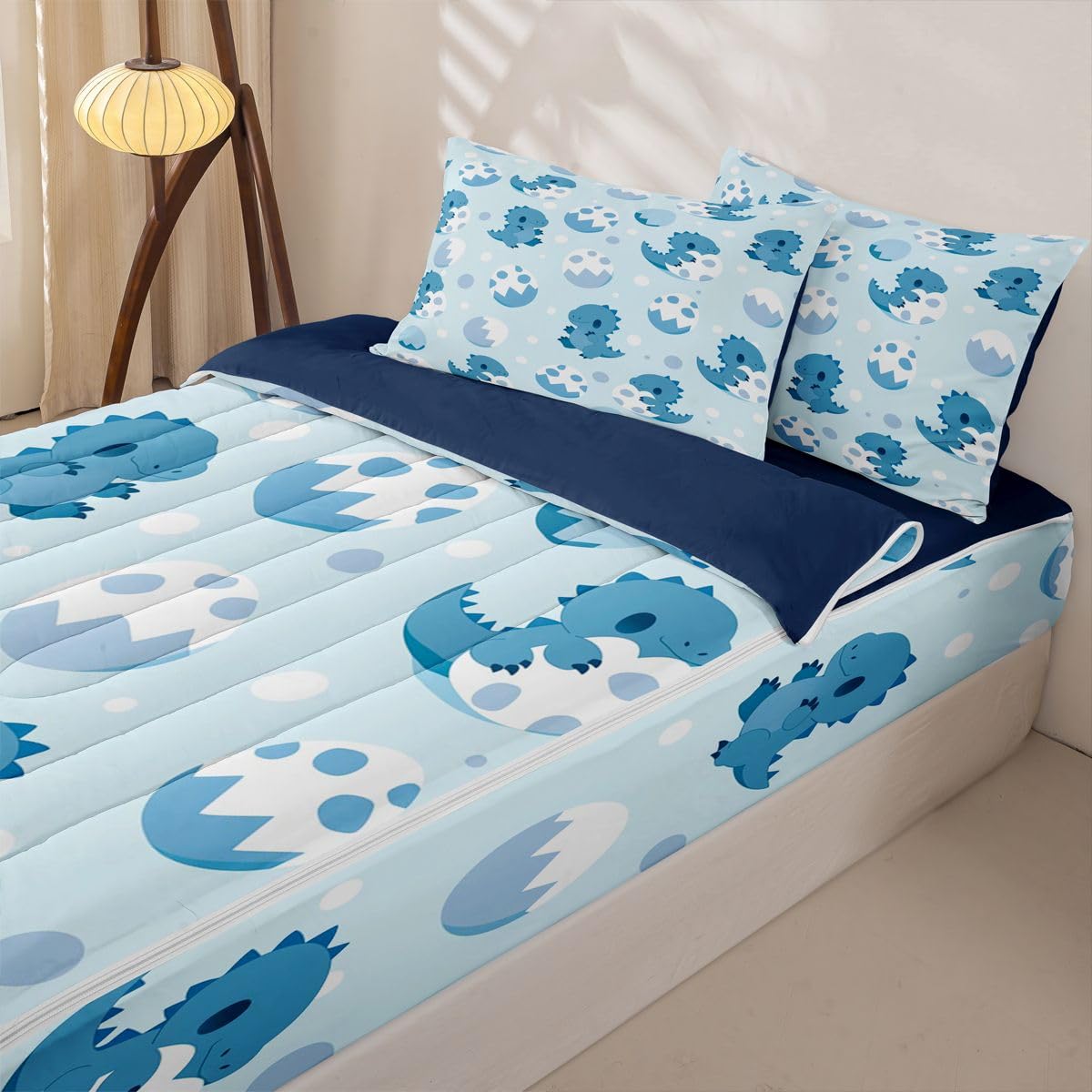 jejeloiu Boys Dinosaur Zipper Bedding for Kids Twin Size Blue White Dino Bed in a Bag with Sheets, Comforter, Pillowcases Dinosaur Pattern Comforter Set for Boys Girls Bedding Sets Durable