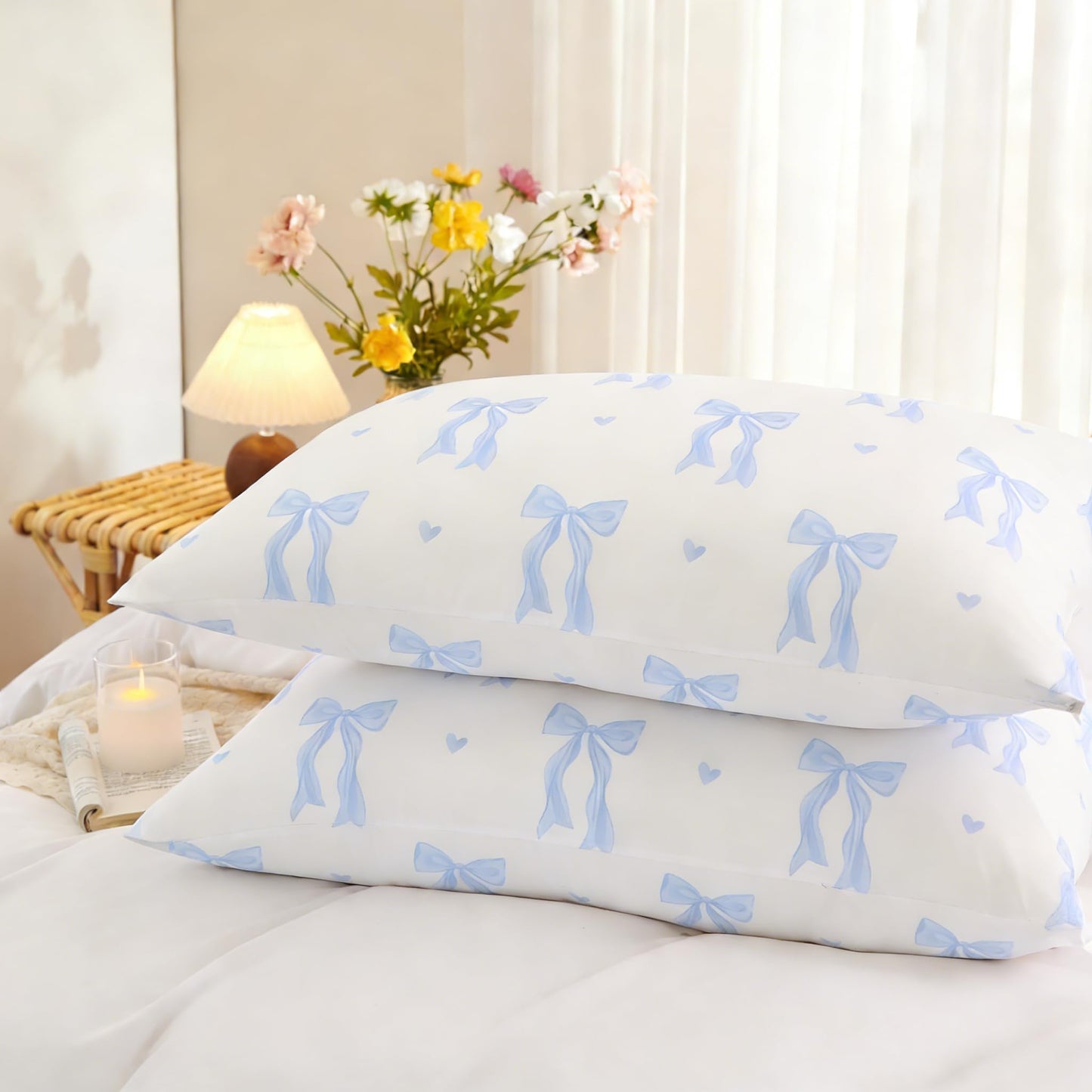 Sedefen Blue Bow Duvet Cover, 3 Pieces Cute Heart Pattern Bedding Set, Reversible Coquette Aesthetic Bowknot Love Printed Duvet Cover Set for Girls Bedroom, All Season