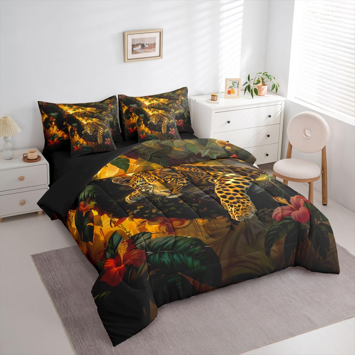 Feelyou Leopard Comforter Set with Sheets 7 Piece Queen Size Cheetah Print Bedding Set for Kids Boys Girls Wild Animal Bed in a Bag Safari Room Decor Soft Microfiber