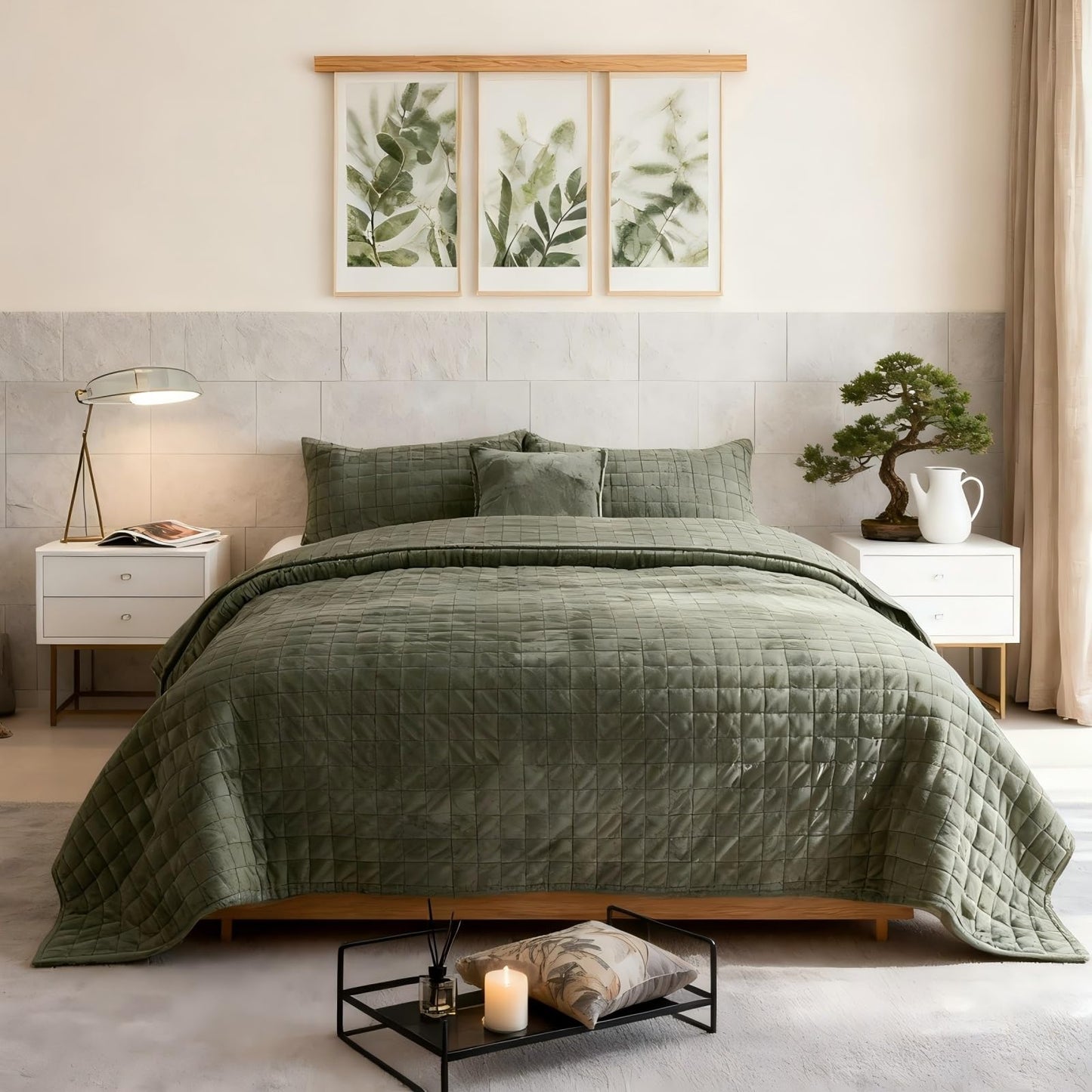COCOPLOCEUS Quilt Set King Size 98x106 Luxurious Velvet Bedding Sets with 2 Pillow Shams 20x36 3 Pieces Ultra Soft Quilted Bedspread Coverlet Comforter for All Season,Army Green