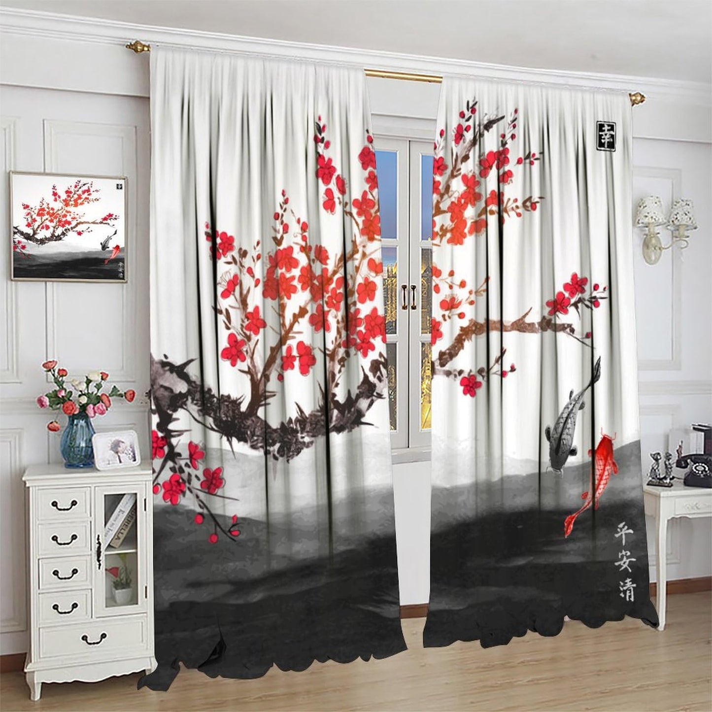 Japanese Curtains,Cherry Blossom Red Floral Ink Painting Window Treatment Curtains Cloth Farbic for Dining Room Cafe Living Room Bedroom Kitchen Office Drapes Decor,42x45 in