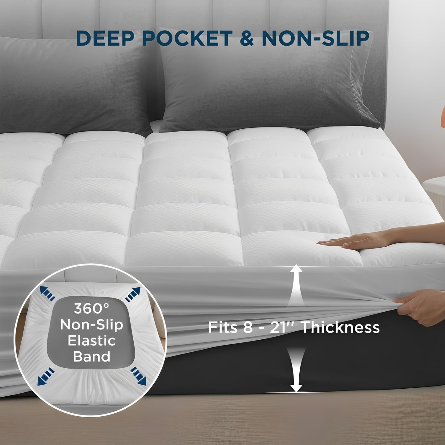 Bahalden Queen Size Quilted Fitted Mattress Pad with Deep Pocket 8-21" - Cooling Breathable Pillow Top Mattress Topper & Protector, Machine Washable, White, 60x80 Inches