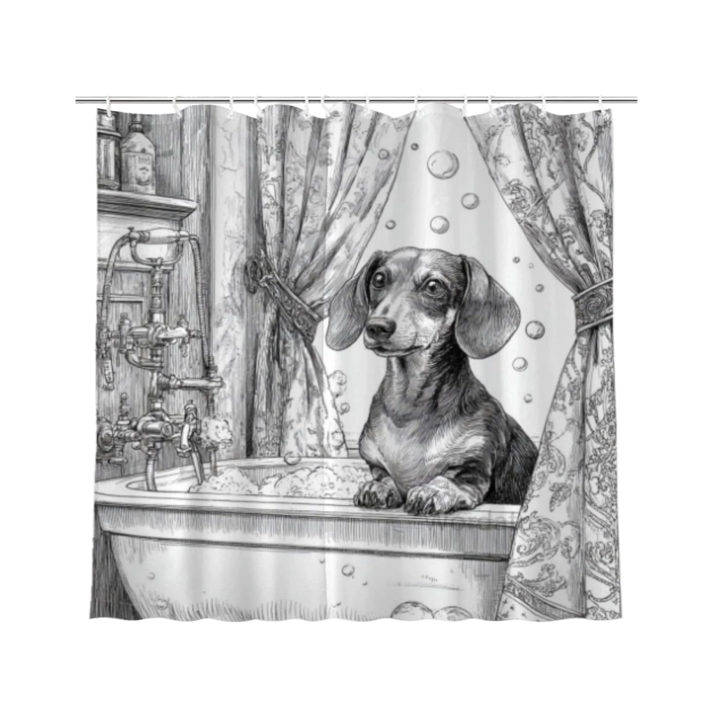 Wordatu Dachshund Shower Curtain Bathroom Set 72x72 Inches Black White Taking a Bubble Bath Animal Bath Dog Art Home Decor 12 Hooks