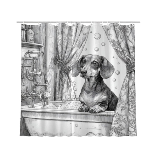 Wordatu Dachshund Shower Curtain Bathroom Set 72x72 Inches Black White Taking a Bubble Bath Animal Bath Dog Art Home Decor 12 Hooks