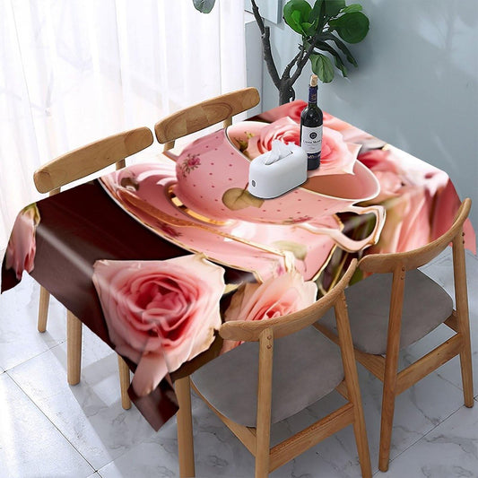 Vuiopuf Tea Cups with Roses Romantic Shabby Print Rectangular Tablecloth Perfect for Home, Restaurant, Hotel & Outdoor Patio Use