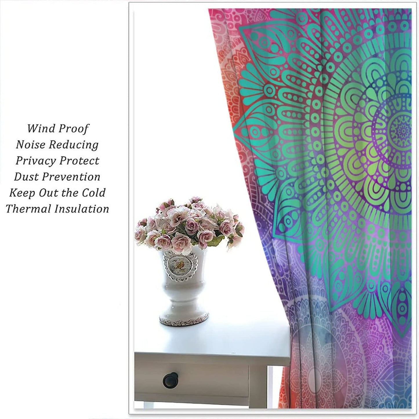 Mandala Indian Bohemian Curtain,Abstract Boho Floral Window Treatments Curtains for Living Room Bedroom Kitchen Bathroom Decor W42xL45in