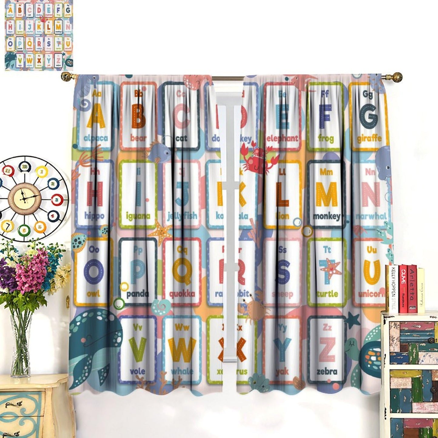 AAVEUP Alphabet Education ABC Curtains, Cartoon Watercolour Sea Animals Early Childhood Enlightenment Learning Windows Treatments Drapes for Kids Baby Nursery Bedroom 42x45in（No Blackout）