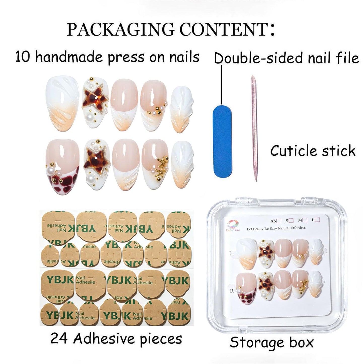 EasierGlow 10 Pcs Handmade Short Almond Press On Nails - Easy Apply & Remove, Reusable & Salon Quality | Nude Gradient Press Ons with 3D Star, Pearl & Swirl Sculpted Accents(UO05, S)