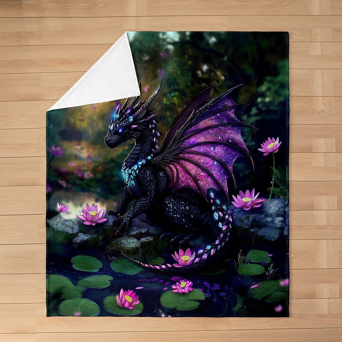 Feelyou Dragon Plush Throw Blanket Queen 90"x90" Dragon Stuff Flannel Fleece Blanket for Boys Girls Teens Wild Life All Season Bed Blanket Lotus Flower Blanket Room Decor Green Purple