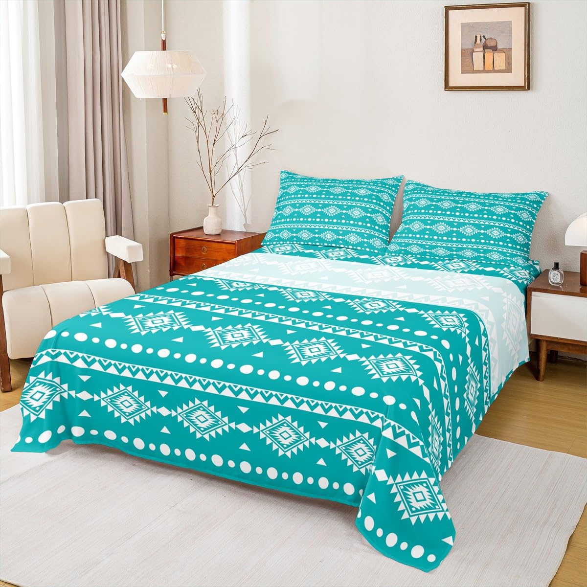 Erosebridal Western Aztec Bed Sheets Set Full Size, Bohemian Decor Flat Fitted Sheet for Boys Girls Women Men Bedroom, Exotic Tribal Bedding Set, Geometric Southwestern Farmhouse Bed Sets