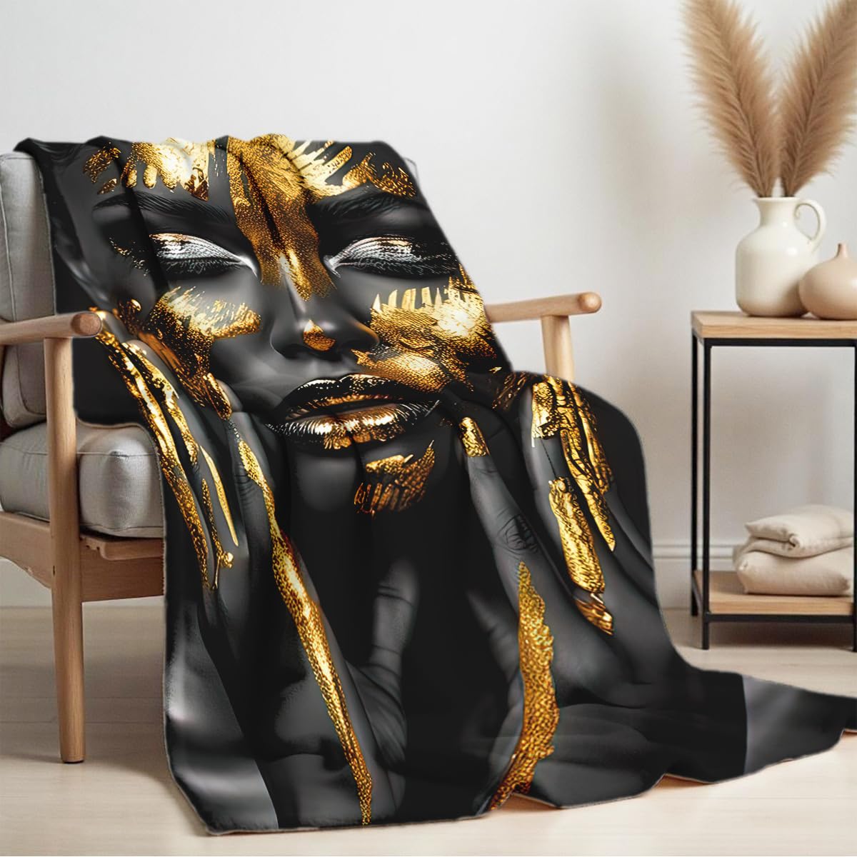 HUNXIAOJ African American Woman Blanket Throw Black Gold Print Flannel Blanket Gifts for Girls Female Women African American Couch Bed Living Room Home Decor 49"x59"