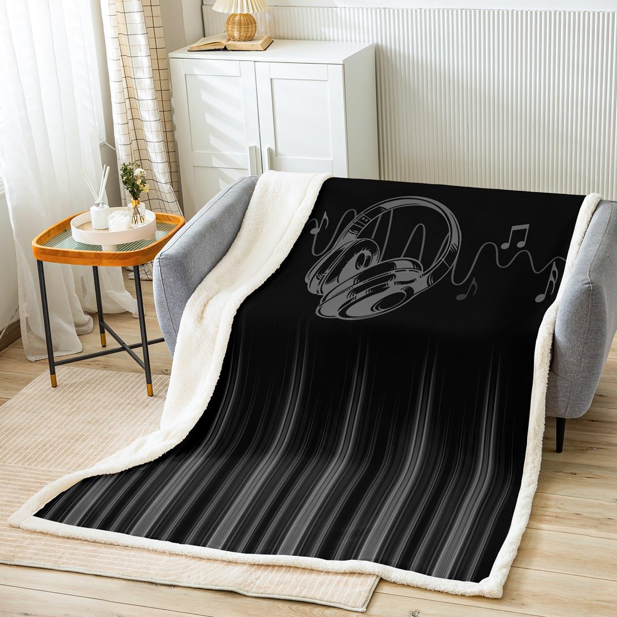 Feelyou Abstract Ombre Fleece Throw Blanket Throw 50"x60" Kids Gray and Black Musical Plush Blanket for Bed Sofa Couch Boys Girls Teens Music Themed Sherpa Blanket Geometric Striped Fuzzy Blanket