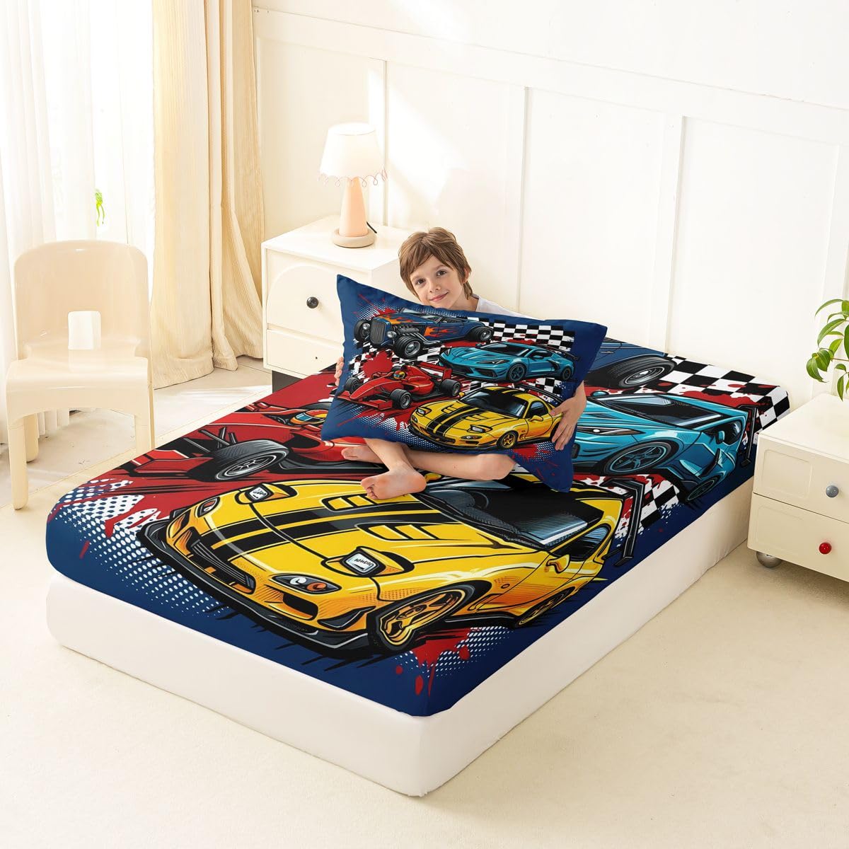 Feelyou Boys Race Car Fitted Sheet Twin Size for Kids Boys Girls Speed Sports Car Bed Sheets Set 16" Deep Pocket Soft Breathable Extreme Sports Bedding with 1 Pillowcase Automobile Room Decor
