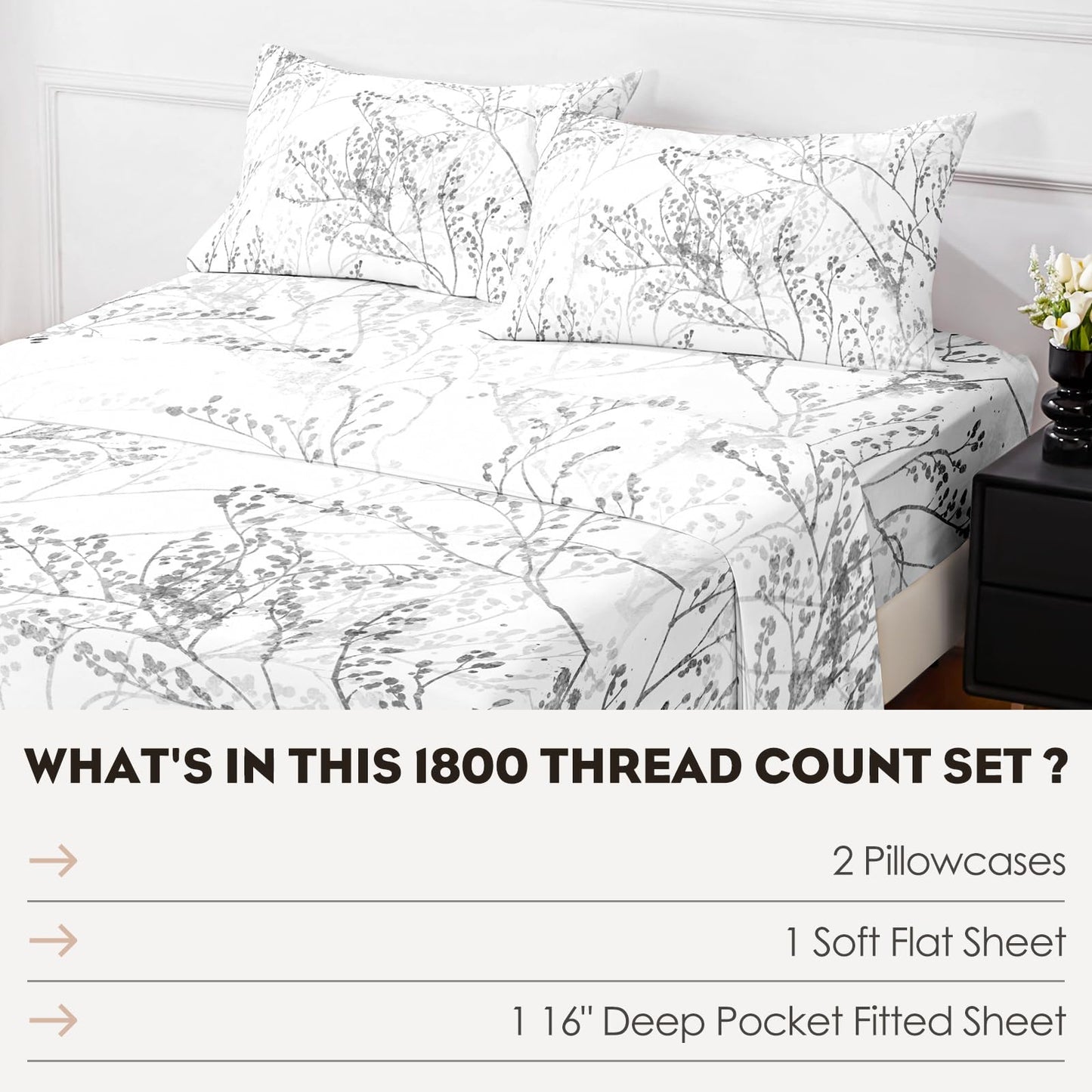 HCORA Floral King Size Sheets Set, Luxury 1800TC Hotel Quality Double Brushed Microfiber Deep Pocket Bed Sheets, Ultra Soft, Breathable and Cooling, 4PC, King