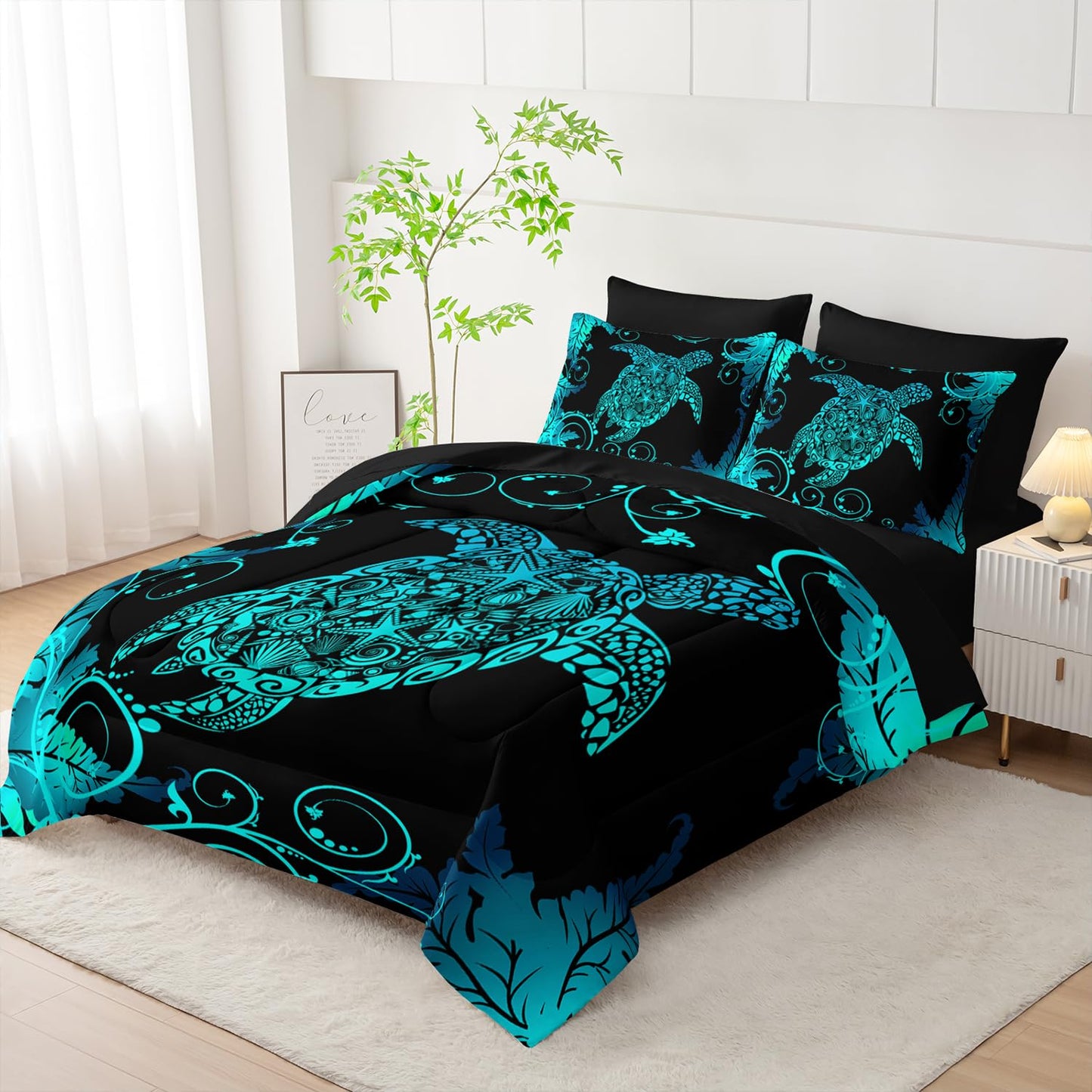 AILONEN Aqua Blue Black Turtle Comforter Set Full,7-Piece Soft Bed in a Bag for Kids Teen,Ocean Shell Sea Turtle Comforter & Fitted Sheet with Flat Sheet & 2 Pillowcases,2 Pillow Shams for Bedroom
