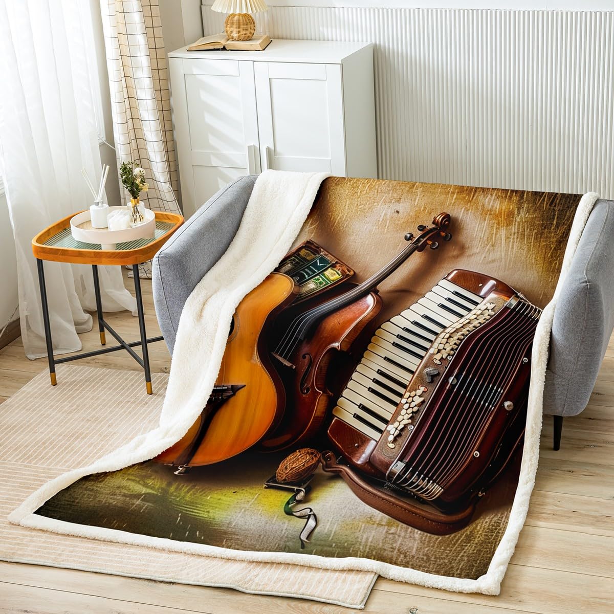 Feelyou Cello Accordion Fleece Sherpa Blanket for Bed Couch Chair - Ultra Soft Classical Musical Theme Throw With Guitar - Fuzzy Comfort Room Decor Reversible 50"x60"