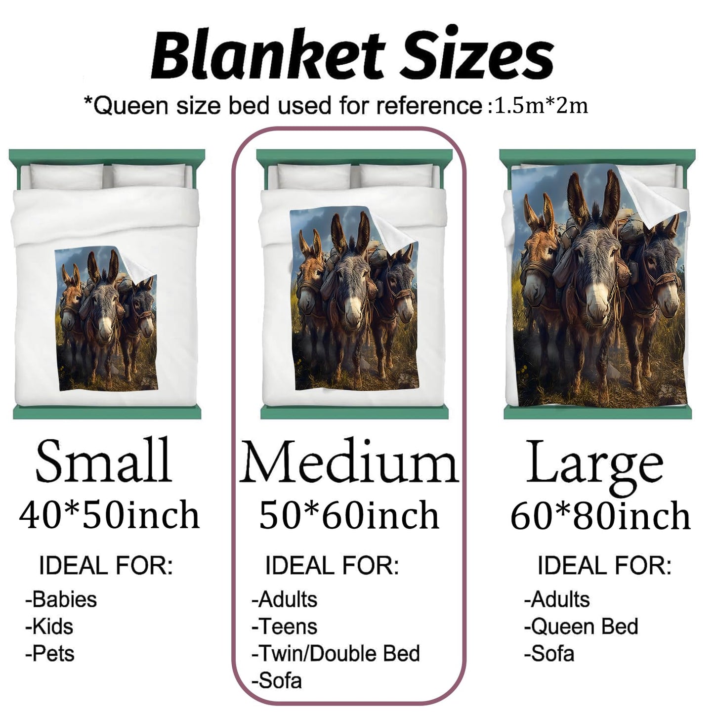 vnlvnl Donkey with Travel Pack Blanket Lightweight Flannel Blankets Gifts for Adults Realistic Countryside Printed Throw for Couch Chair Office Bedroom Fall Thanksgiving Decor, 60x50inch
