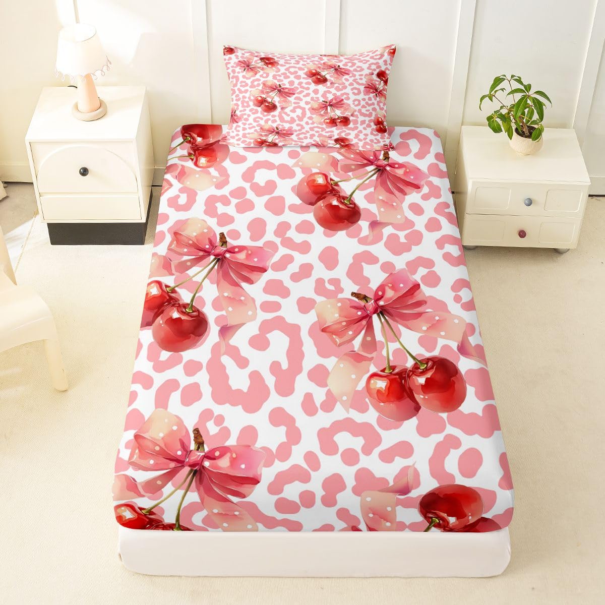 jejeloiu Pink White Cherry Bow Fitted Sheet Twin Size for Kids Boys Girls Dreamy Princess Bowknot Bed Sheets Set 16" Deep Pocket Leopard Print Bowknot Bedding with 1 Pillowcase Room Decor