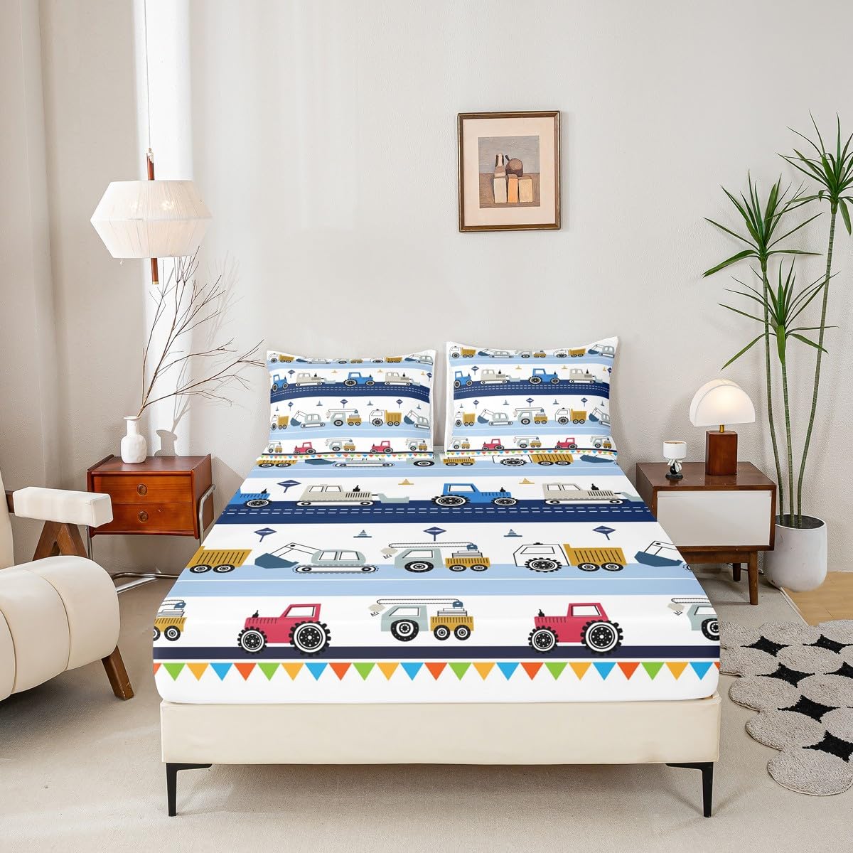 Feelyou Construction Sheet Set Kids Equipment Trucks Sheets with Deep Pocket Fitted Sheet Boys Cartoon Car Excavator Tractor Bed Sheets Set Construction Vehicles Blue White Bedding Set Full Size
