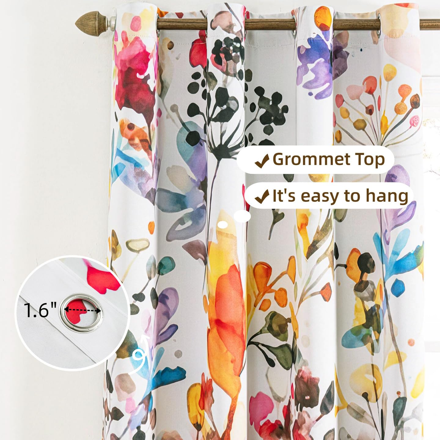 Boho Floral 100% Blackout Curtains 84 Inch Length 2 Panels Set Grommet Watercolour Flower Bohemian Pattern Black Out Thermal Insulated Drapes Window Treatment for Bedroom Living Room 52 x 84 Inch