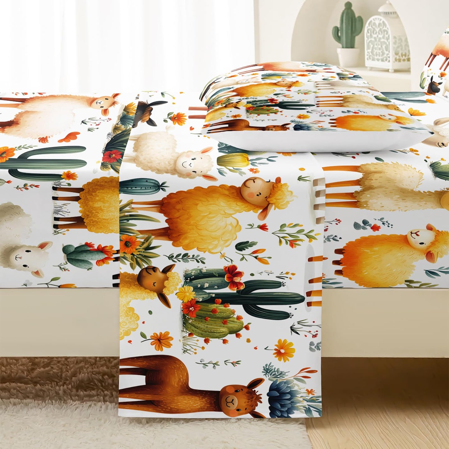 QOOMO Cute Llama Kids Bed Sheets Full Size,Kawaii Alpaca Print Bedding Sheet Set,4Pcs Cartoon Animal Deep Pocket Bed Sets with 1 Fitted Sheet 1 Flat Sheet 2 Pillowcases for Boys Girls Teens