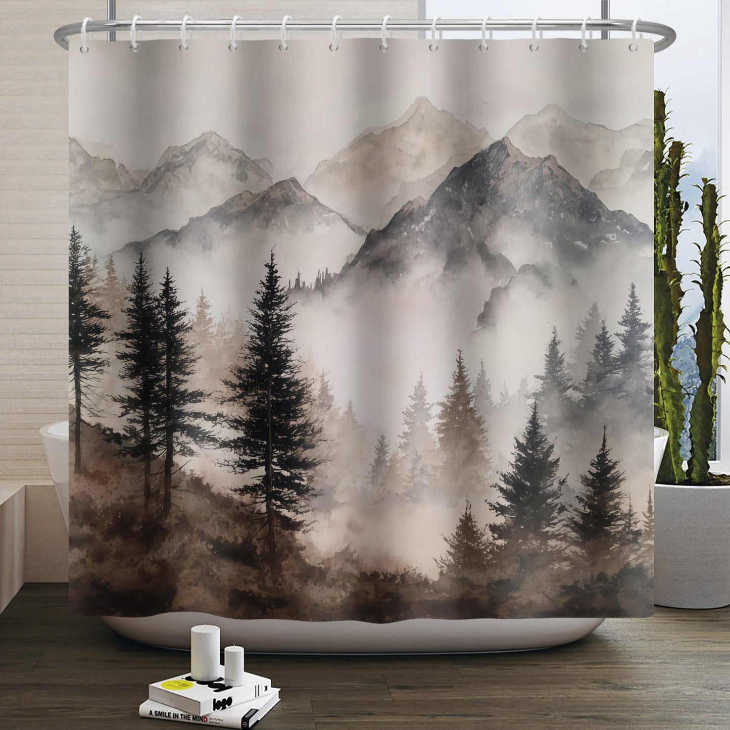 Xiazhilaio Mountain Mist Forest Shower Curtain with Rings – 71x74 Inch Waterproof Fabric Bath Curtain with Hooks, Nature Landscape Scenic Bathroom Curtain for Rustic Cabin Style Home Accent