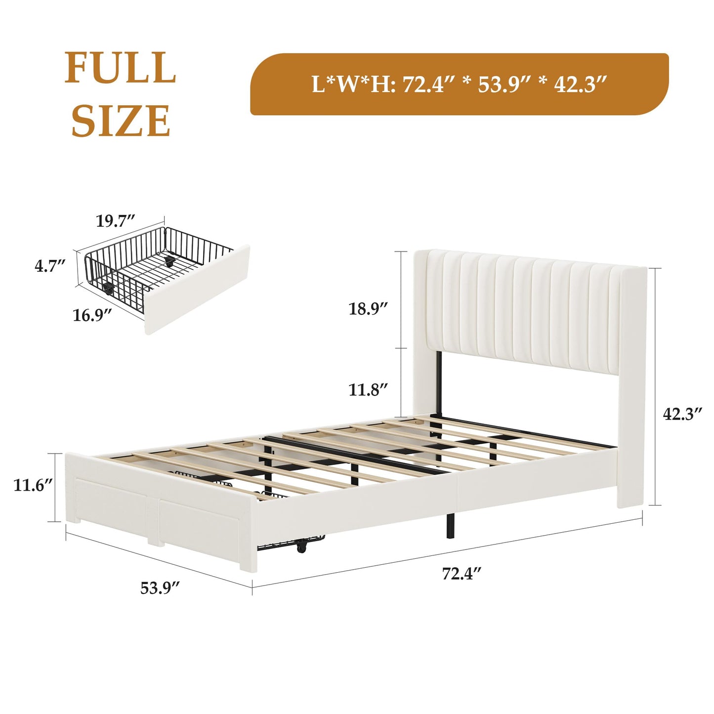 GarveeHome Full Size Bed Frame, Bed Frame Upholstered Platform Bed with Velvet Headboard, Wing Edge Design, 2 Storage Drawers, No Box Spring Needed, Beige