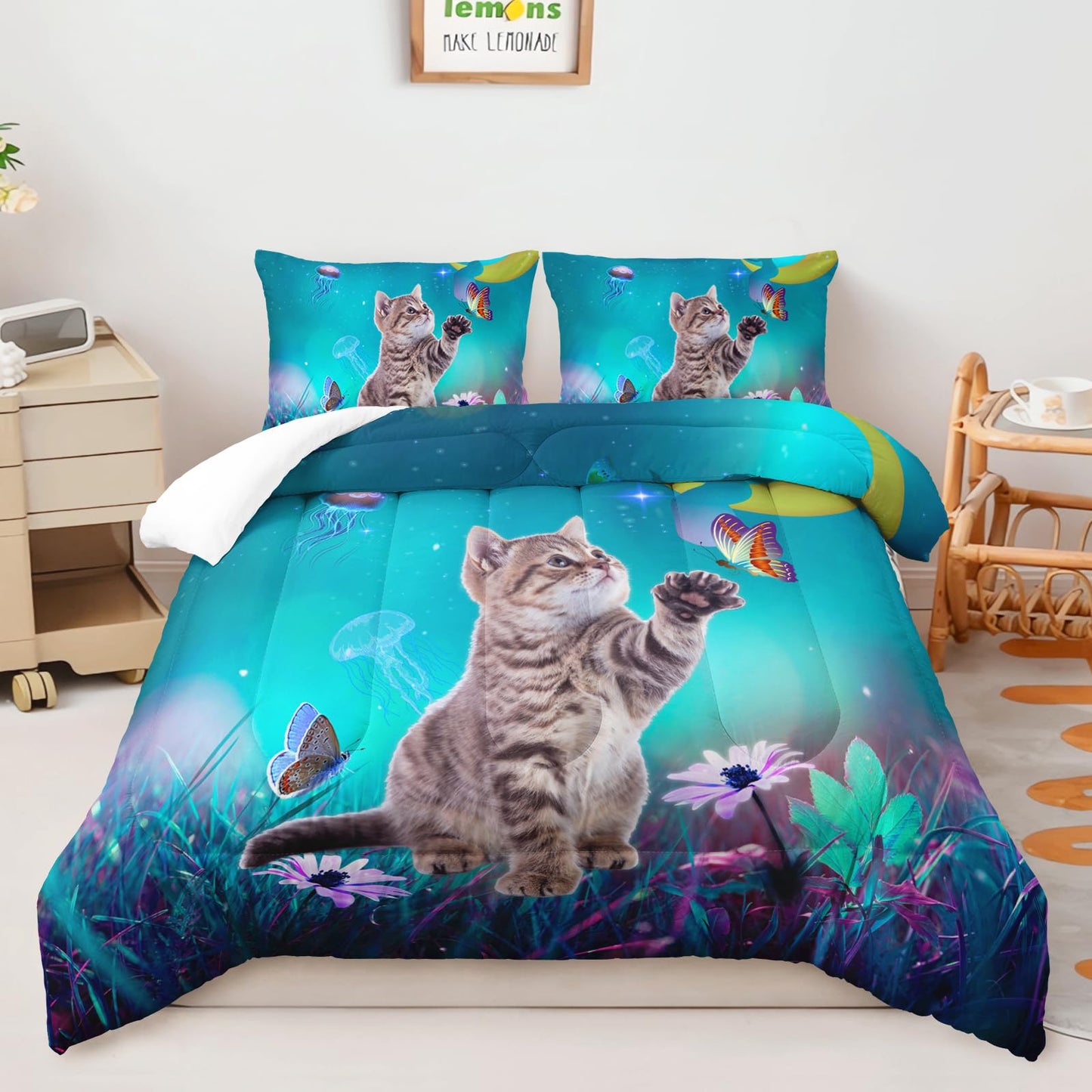 AILONEN Cat Bedding Set Twin Size with Girl Sitting on The Moon and Jellyfish Comforter Set for Kids Boys Girls,Dreamy Starry Soft Breathable Duvet Set 3 Pieces, 1 Quilt and 2 Pillowcases