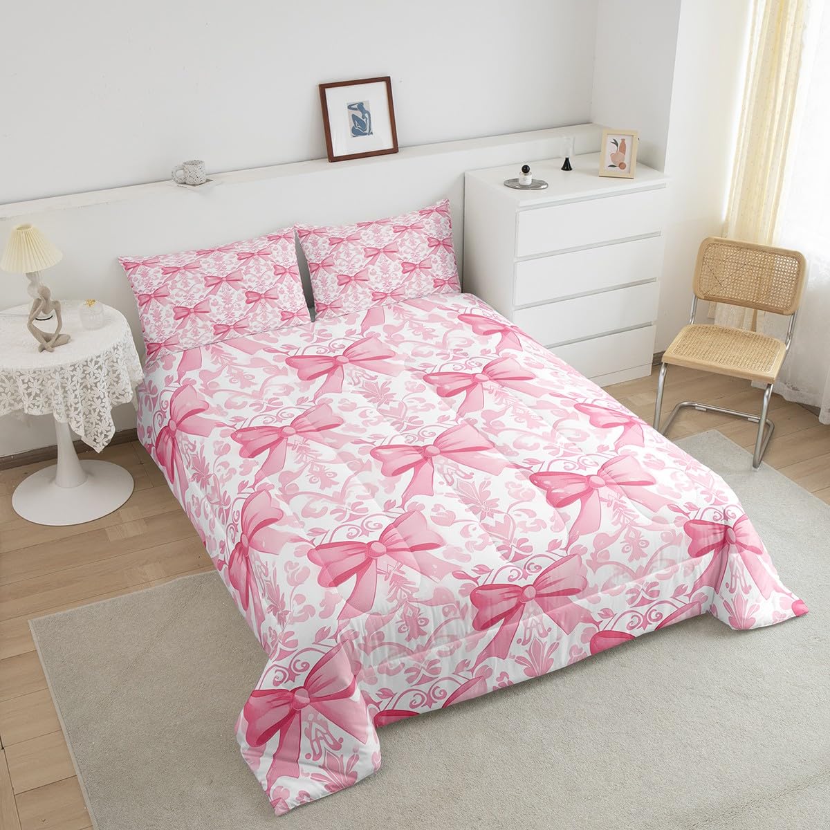 Manfei Pink Bowknot Kids Comforter Set Twin Size,Bow Princess Beauty Toddler Bedding Set,Girls Women Room Decor,Paisley Flowers Boho Exotic Down Comforter,Romantic Seductive Duvet Insert,1 Pillowcase