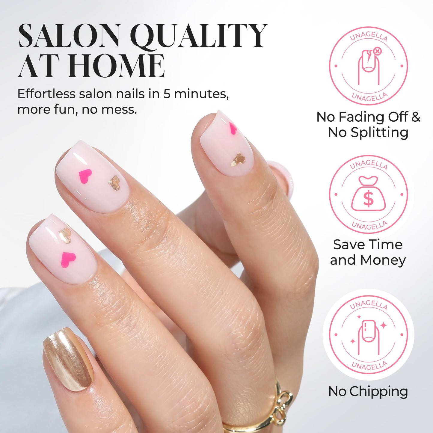 UNA GELLA Square Press On Nails - 32Pcs 16 Sizes Metallic Pink Heart Fake Nails with Glue and Adhesive Tabs, Reusable Glue On Nails Kit for Women Manicure