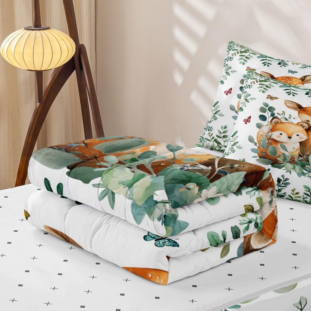 Erosebridal Cartoon Animals Zippable Comforter Fox Raccoon Wildlife Twin Bedding Green Leaves Botanical Zipper Bed Set with Sheets Cute Jungle Wild Animal Bed in a Bag Bedroom Decor