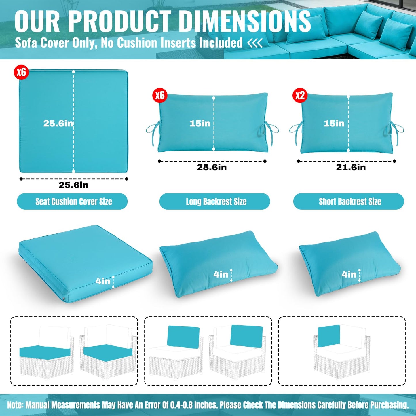 Cabubra 14pcs Outdoor Patio Furniture Cushion Covers, Waterproof & Sun-Resistant Zippered,Fit for Patio Furniture Sectional Sofas and Wicker Rocking Chairs,3 Sizes,Lake Blue,Covers Only