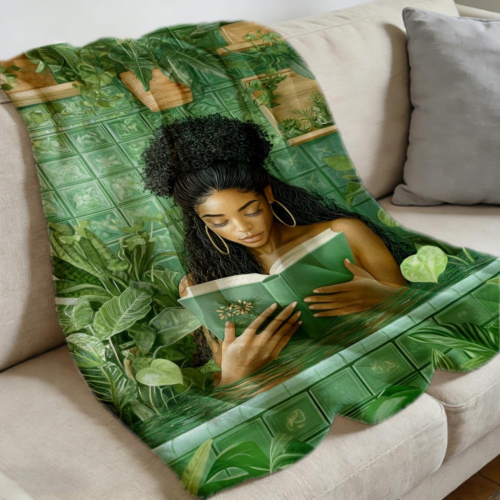ZHOUSHUTONG Black Girl Reading Book in Bathtub Flannel Throw Blanket, Cozy Warm African American Women Blankets, Lightweight Fuzzy Soft Green Botanical Flannel Blanket for Couch Bed Sofa 49"x59"