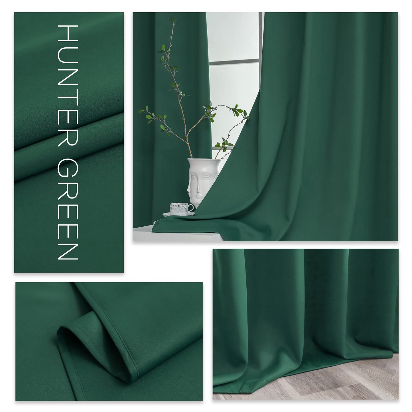 YGO Hunter Green Blackout Curtains for Bedroom Thermal Insulated Window Curtain Panels for Living Room 63 inches Long Room Darkening Window Treatment Sets 2 Panels