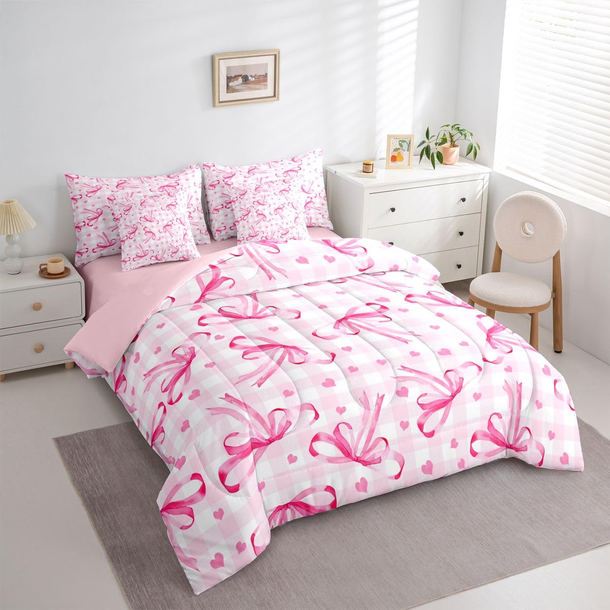 Erosebridal Pink Bow 7 Piece Comforter Set King Bowknot Ribbon Bedding Set for Girls Coquette Room Decor Plaid Grid Heart Pattern Bed in A Bag Bowtie Princess Soft Cozy Sheet Set with Comforter