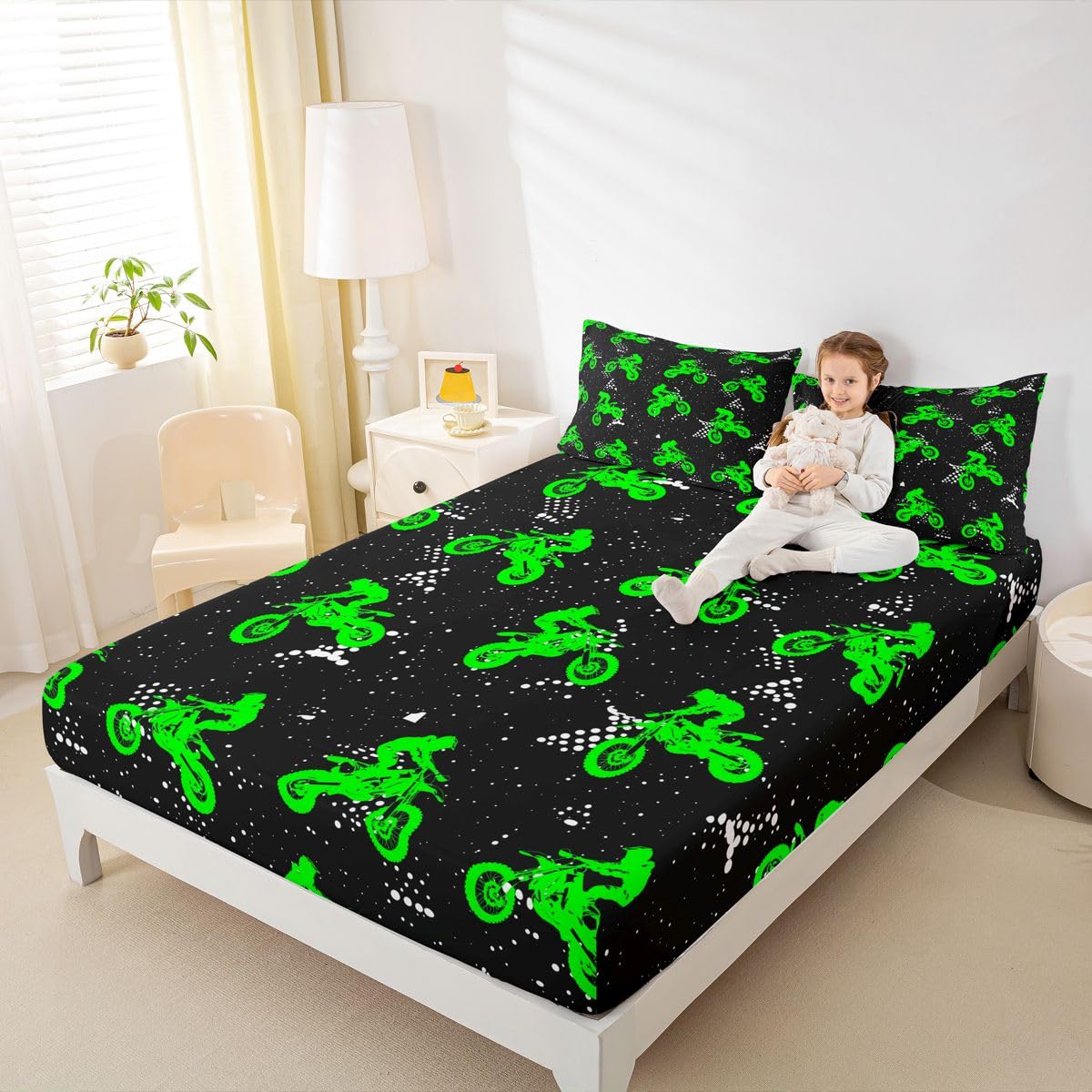 Feelyou Boys Dirt Bike Bedding Sheets Cool Sports Bed Sheet Set for Kids Boys Motocross Rider Bedding Fitted Sheet Fluorescent Green Bike Bed Cover 1 Bed Sheet Set with 2 Pillowcases Full Size
