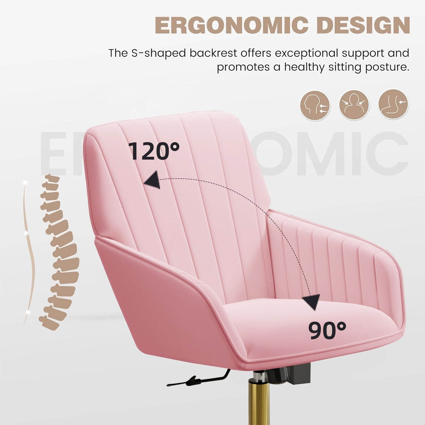 YITAI Velvet Office Desk Armchairs with Gold Base and Wheels,Modern Height Adjustable 360 Degree Swivel Upholstered Vanity Chairs for Living/Room Bedroom/Study,Pink