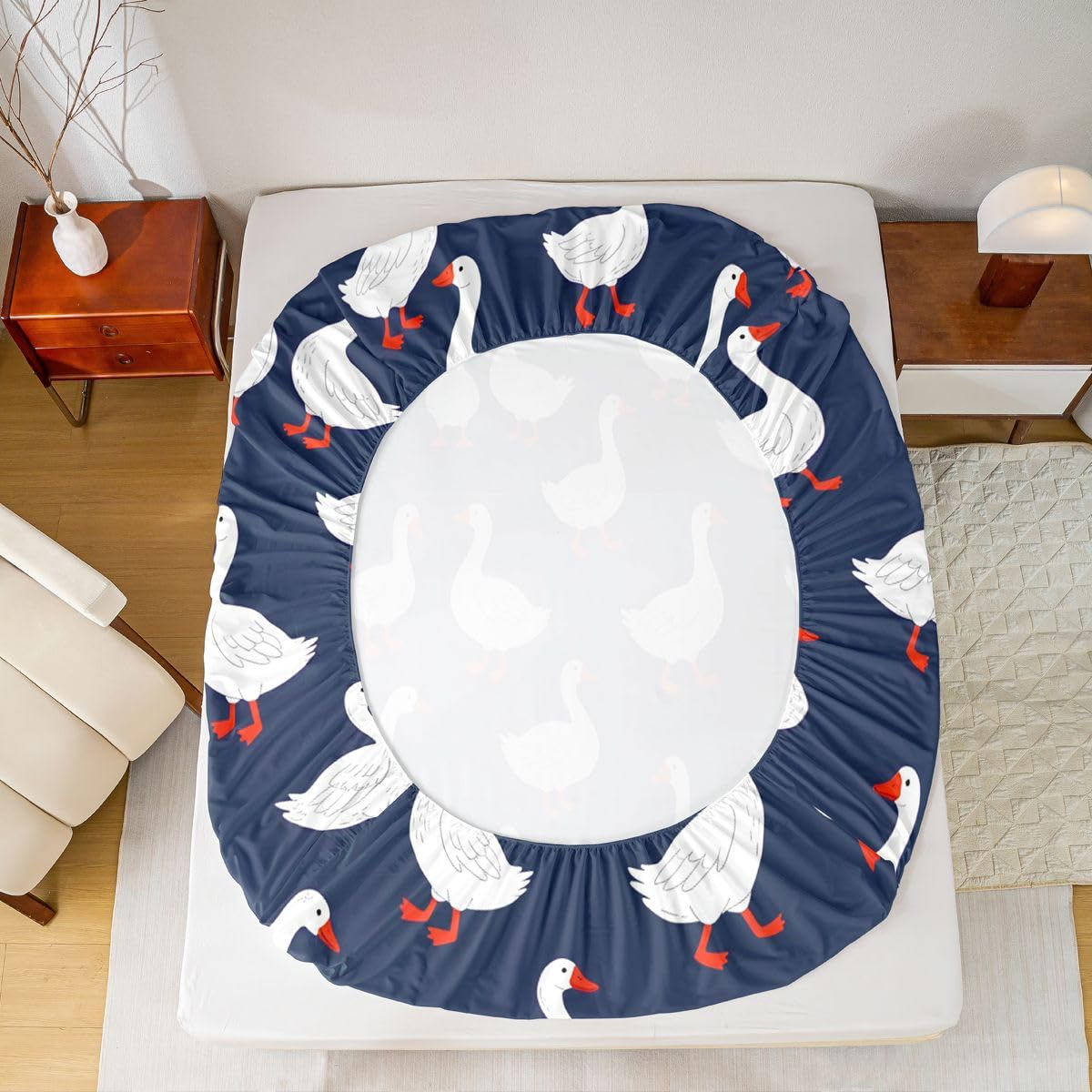 Erosebridal Goose Bed Sheets Set Full Cute Animal Sheet Set White Geese Navy Blue Sheets Funny Kawaii Cartoon Flat Fitted Sheet