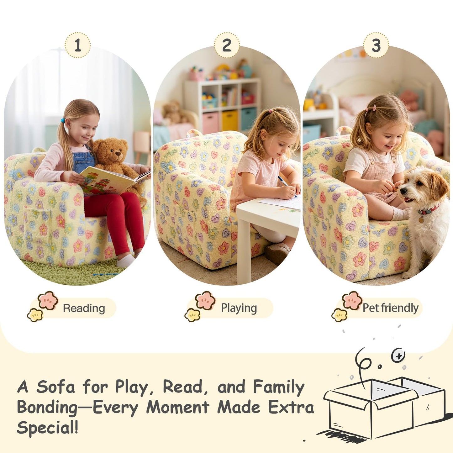 Tiita Kids Sofa, Childrens Couch with Carry Handle, Portable Toddler Foam Sofa Couch, Lightweight Kids Chair for Playroom, Dorm Room, Small Space, Flower