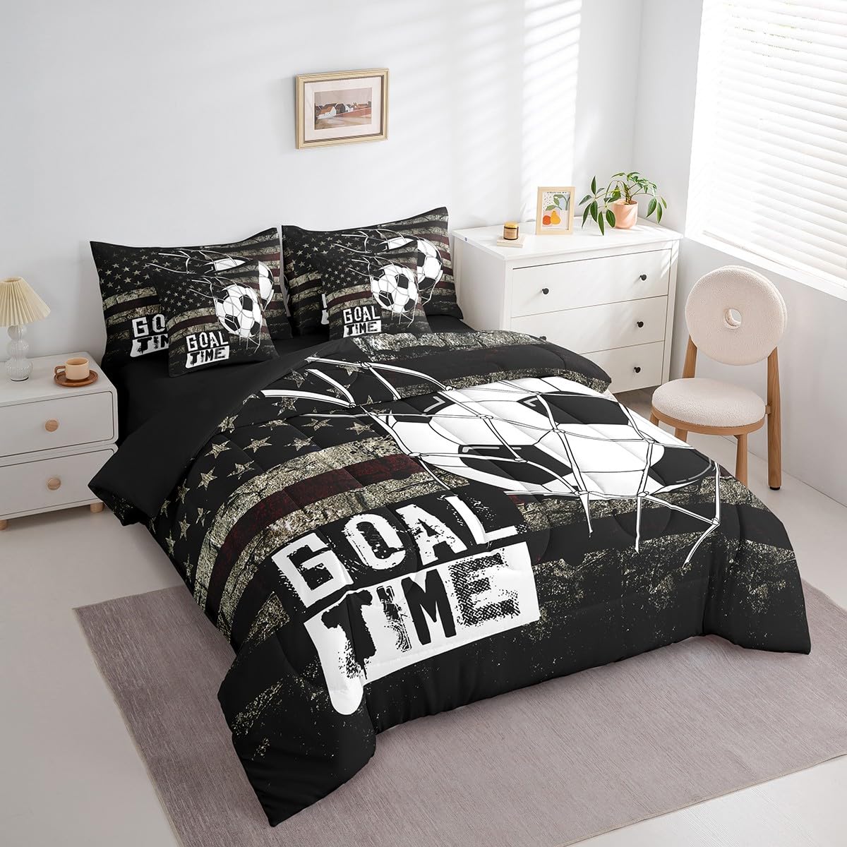Erosebridal Football Twin Bedding Set 7-Piece American Flag Bed in A Bag with Sheets for Kids Boys Teens Soccer Sports Games Comforter Set United States Stripes Bedding Comforter Sets