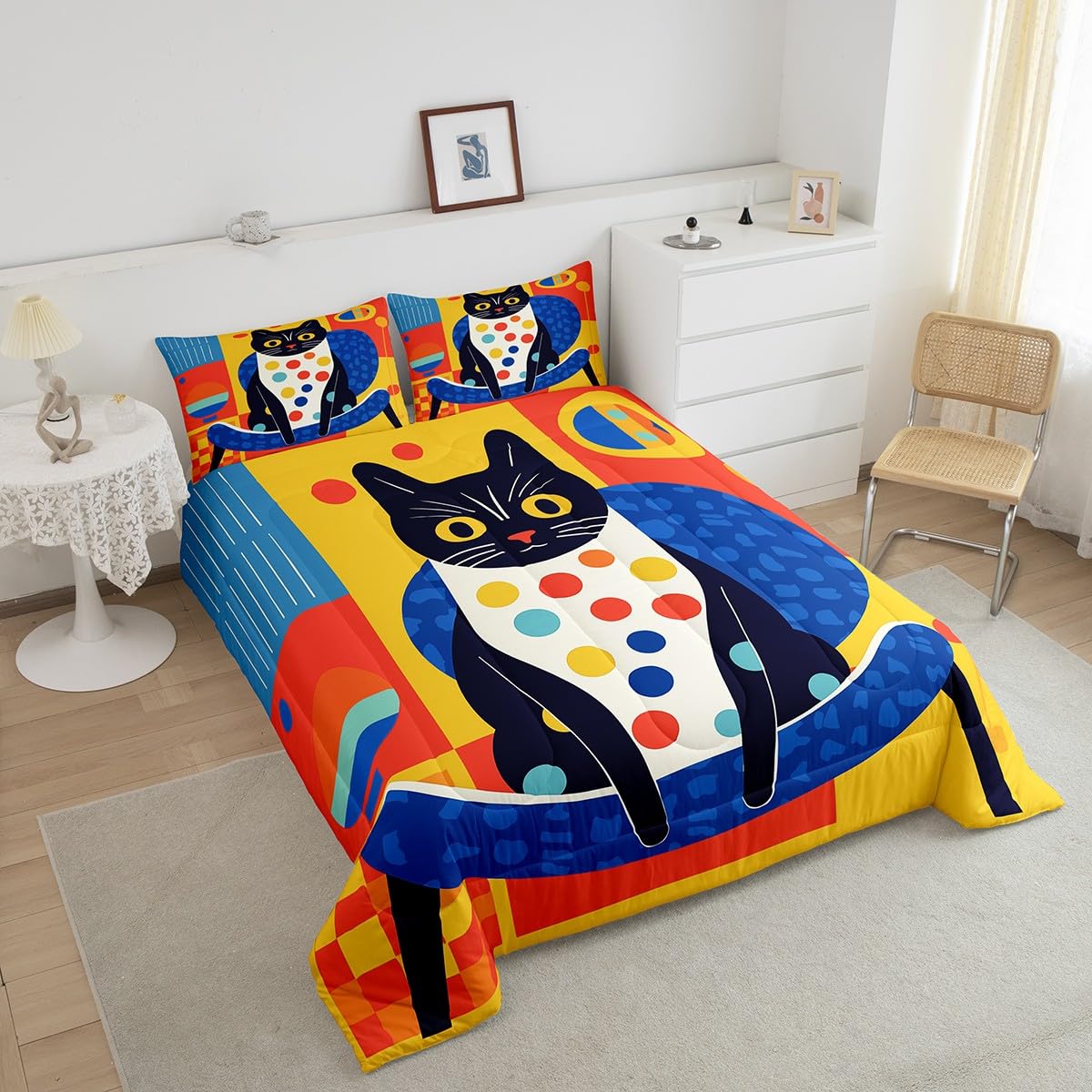 Funny Cat Comforter Set Queen Size,Graffiti Funny 3D Animal Theme Bedding Set for Kids Girls Boys Room Decor,Blue and Yellow Plaid Print Quilt Set 3Pcs,Cartoon Pet Animals Duvet Insert,2 Pillowcases